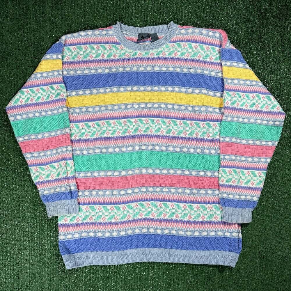 Vintage Men’s Lia Wear Pastel Striped Knit Sweater Medium Multicolor Crewneck
